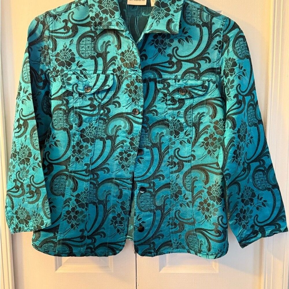 Chico’s Gorgeous Silk/Rayon blend Brilliant Turquoise Brocade Blouse/Jacket Sz 0